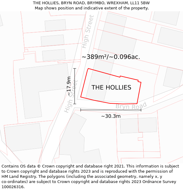 THE HOLLIES, BRYN ROAD, BRYMBO, WREXHAM, LL11 5BW: Plot and title map