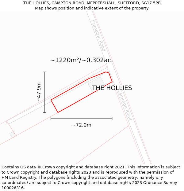 THE HOLLIES, CAMPTON ROAD, MEPPERSHALL, SHEFFORD, SG17 5PB: Plot and title map