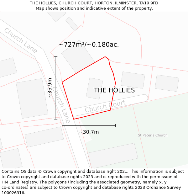 THE HOLLIES, CHURCH COURT, HORTON, ILMINSTER, TA19 9FD: Plot and title map