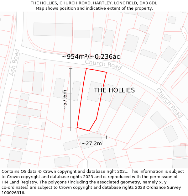THE HOLLIES, CHURCH ROAD, HARTLEY, LONGFIELD, DA3 8DL: Plot and title map