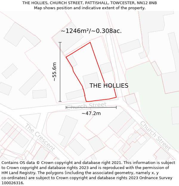 THE HOLLIES, CHURCH STREET, PATTISHALL, TOWCESTER, NN12 8NB: Plot and title map