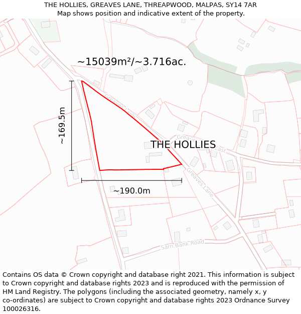 THE HOLLIES, GREAVES LANE, THREAPWOOD, MALPAS, SY14 7AR: Plot and title map