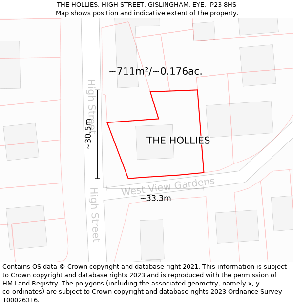 THE HOLLIES, HIGH STREET, GISLINGHAM, EYE, IP23 8HS: Plot and title map