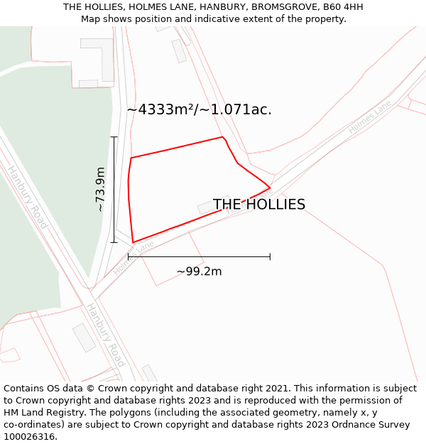 THE HOLLIES, HOLMES LANE, HANBURY, BROMSGROVE, B60 4HH: Plot and title map