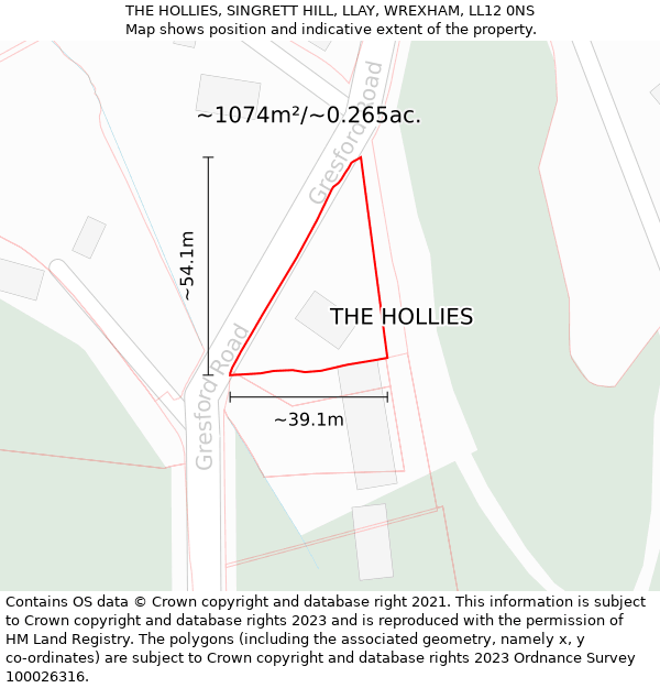 THE HOLLIES, SINGRETT HILL, LLAY, WREXHAM, LL12 0NS: Plot and title map