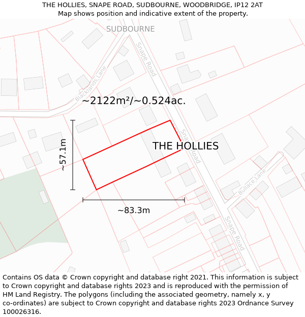 THE HOLLIES, SNAPE ROAD, SUDBOURNE, WOODBRIDGE, IP12 2AT: Plot and title map