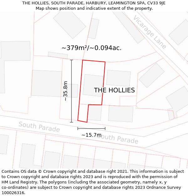 THE HOLLIES, SOUTH PARADE, HARBURY, LEAMINGTON SPA, CV33 9JE: Plot and title map