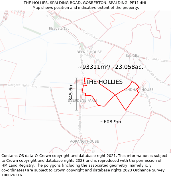 THE HOLLIES, SPALDING ROAD, GOSBERTON, SPALDING, PE11 4HL: Plot and title map