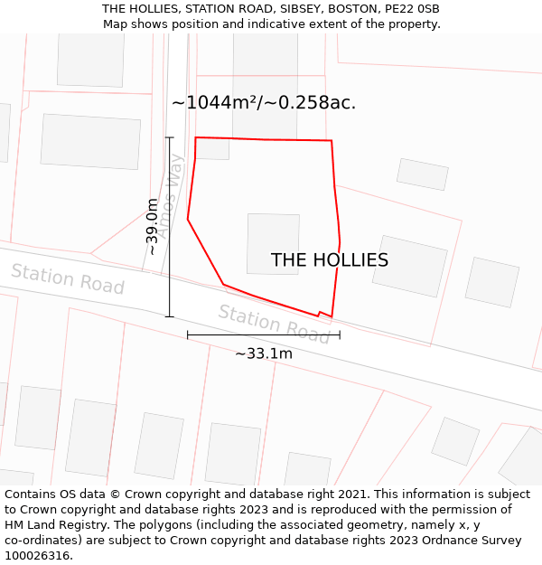 THE HOLLIES, STATION ROAD, SIBSEY, BOSTON, PE22 0SB: Plot and title map