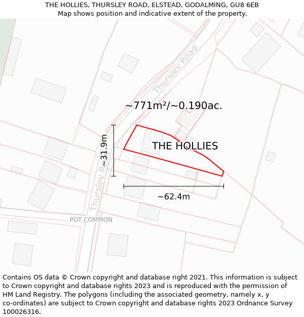 THE HOLLIES, THURSLEY ROAD, ELSTEAD, GODALMING, GU8 6EB: Plot and title map