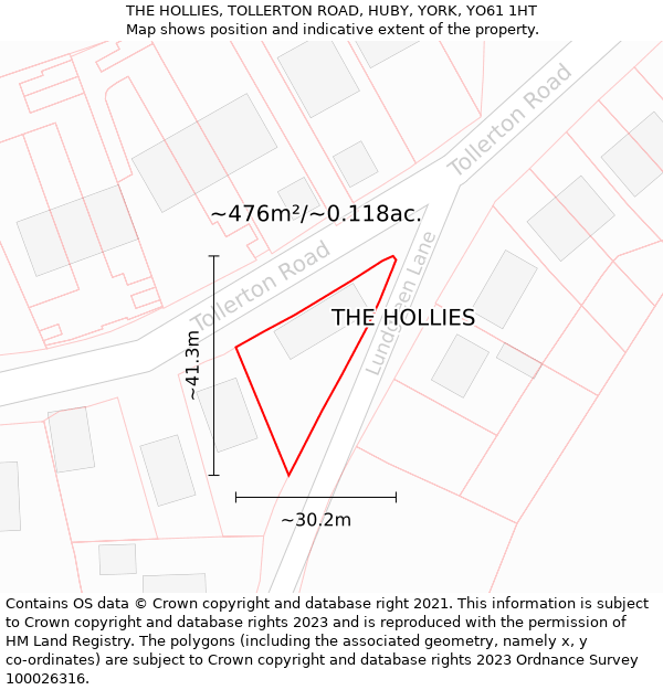 THE HOLLIES, TOLLERTON ROAD, HUBY, YORK, YO61 1HT: Plot and title map