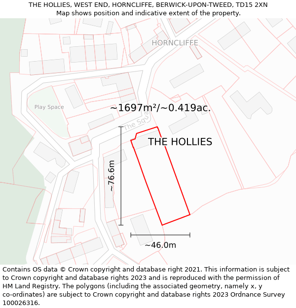 THE HOLLIES, WEST END, HORNCLIFFE, BERWICK-UPON-TWEED, TD15 2XN: Plot and title map