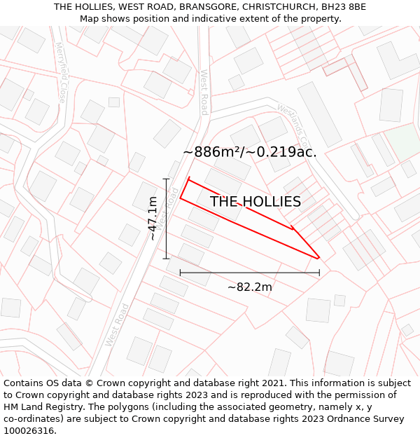 THE HOLLIES, WEST ROAD, BRANSGORE, CHRISTCHURCH, BH23 8BE: Plot and title map