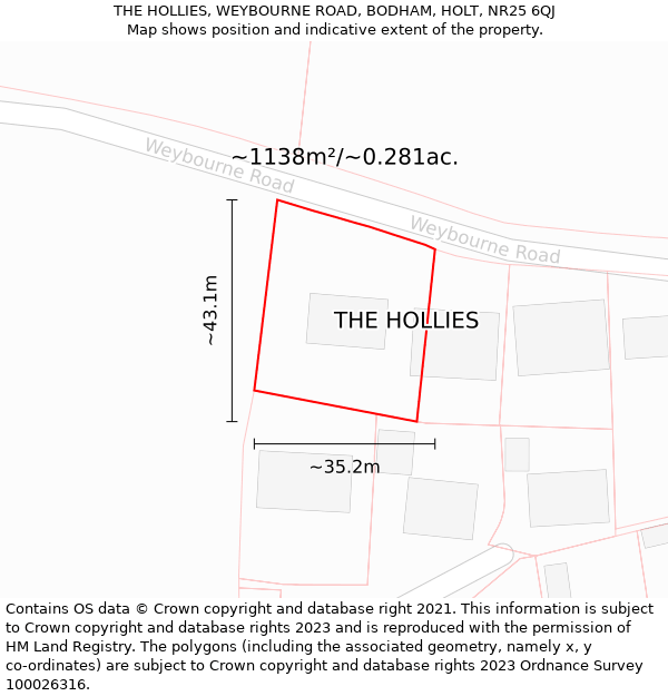 THE HOLLIES, WEYBOURNE ROAD, BODHAM, HOLT, NR25 6QJ: Plot and title map