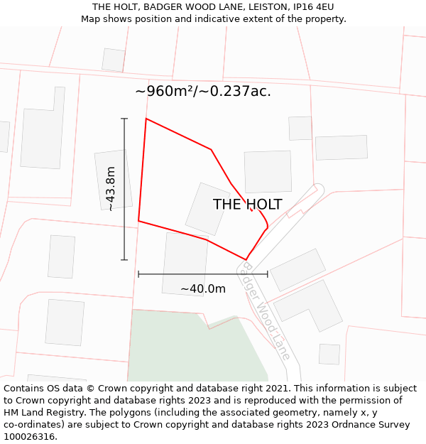 THE HOLT, BADGER WOOD LANE, LEISTON, IP16 4EU: Plot and title map