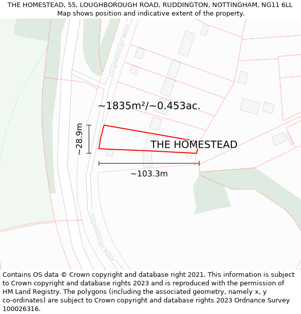THE HOMESTEAD, 55, LOUGHBOROUGH ROAD, RUDDINGTON, NOTTINGHAM, NG11 6LL: Plot and title map