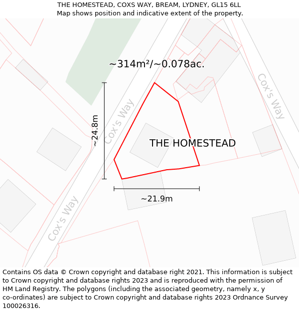 THE HOMESTEAD, COXS WAY, BREAM, LYDNEY, GL15 6LL: Plot and title map