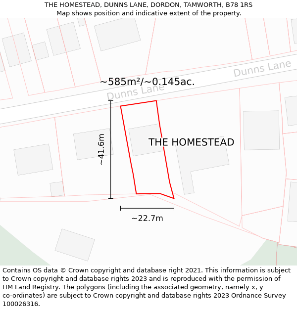 THE HOMESTEAD, DUNNS LANE, DORDON, TAMWORTH, B78 1RS: Plot and title map