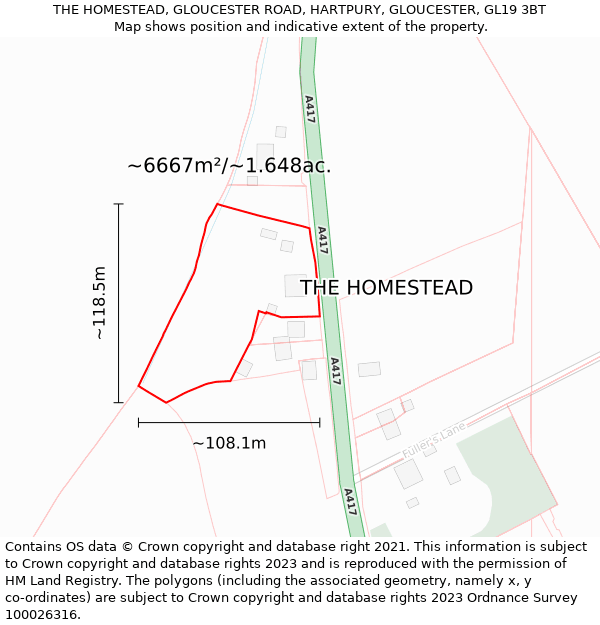 THE HOMESTEAD, GLOUCESTER ROAD, HARTPURY, GLOUCESTER, GL19 3BT: Plot and title map
