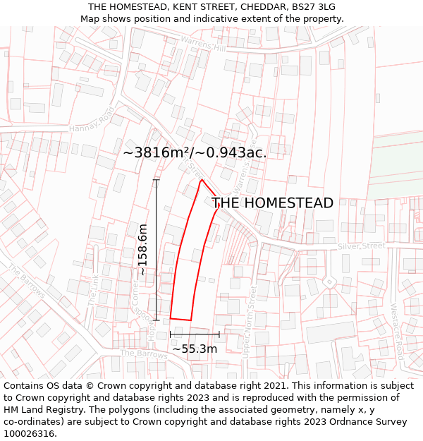 THE HOMESTEAD, KENT STREET, CHEDDAR, BS27 3LG: Plot and title map