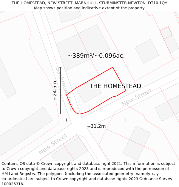 THE HOMESTEAD, NEW STREET, MARNHULL, STURMINSTER NEWTON, DT10 1QA: Plot and title map