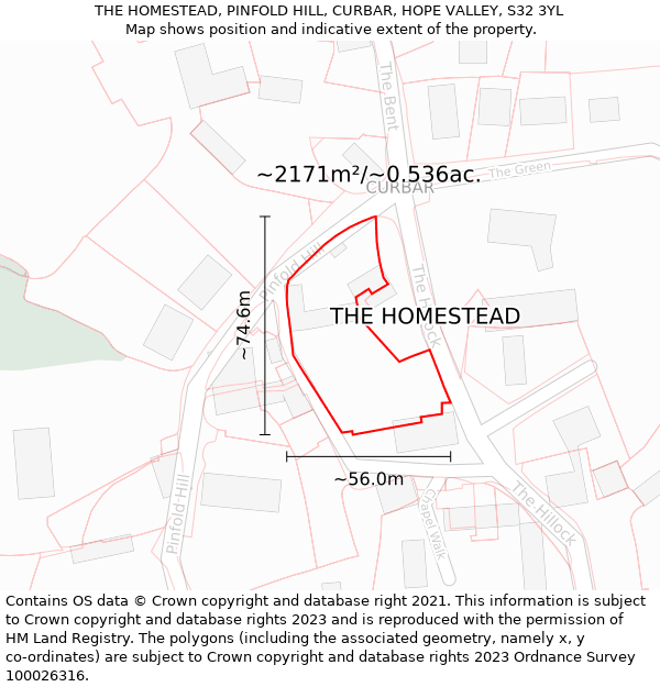 THE HOMESTEAD, PINFOLD HILL, CURBAR, HOPE VALLEY, S32 3YL: Plot and title map