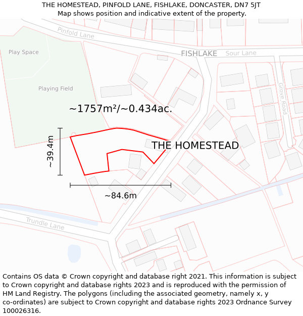 THE HOMESTEAD, PINFOLD LANE, FISHLAKE, DONCASTER, DN7 5JT: Plot and title map