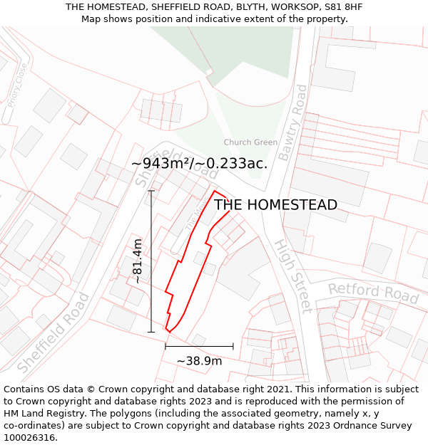 THE HOMESTEAD, SHEFFIELD ROAD, BLYTH, WORKSOP, S81 8HF: Plot and title map