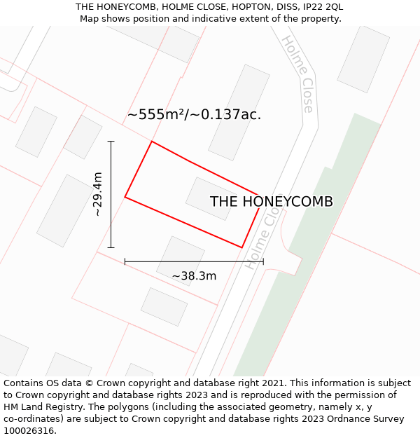 THE HONEYCOMB, HOLME CLOSE, HOPTON, DISS, IP22 2QL: Plot and title map