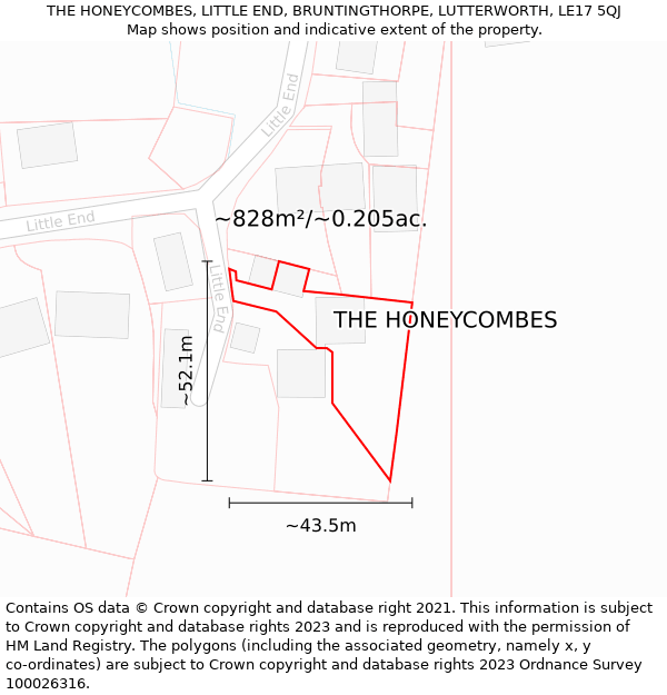 THE HONEYCOMBES, LITTLE END, BRUNTINGTHORPE, LUTTERWORTH, LE17 5QJ: Plot and title map