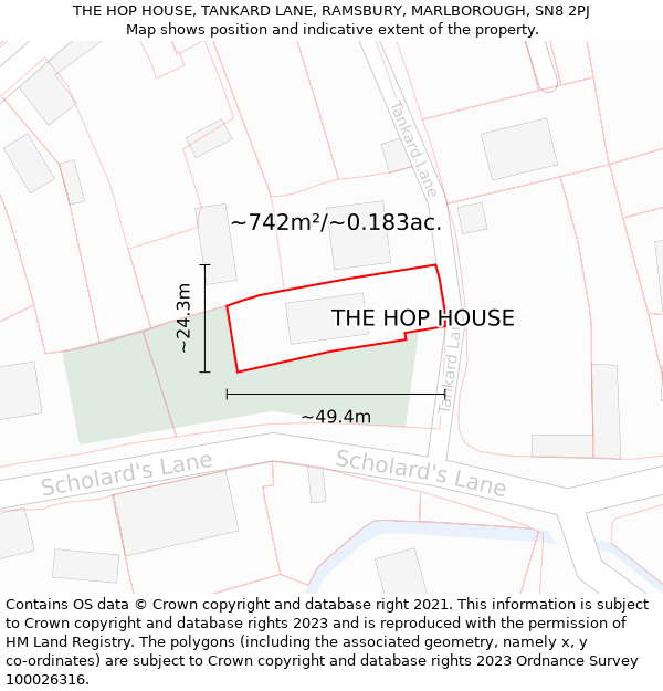 THE HOP HOUSE, TANKARD LANE, RAMSBURY, MARLBOROUGH, SN8 2PJ: Plot and title map