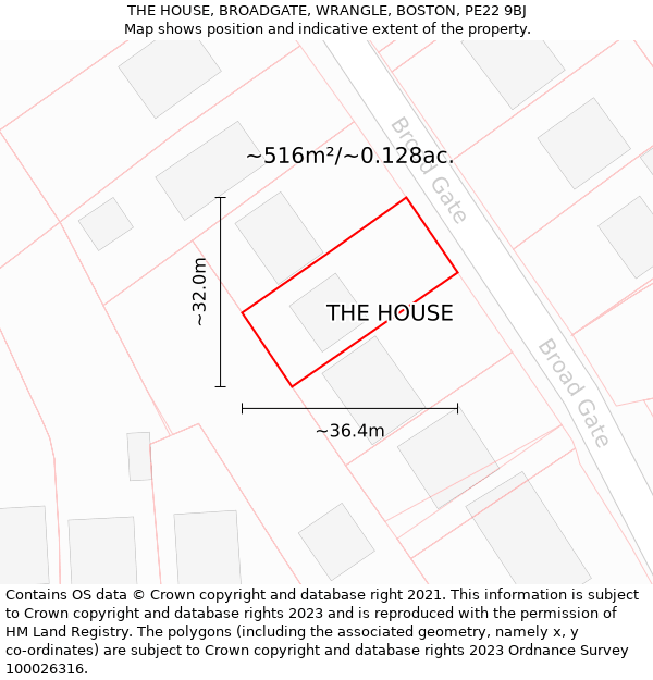 THE HOUSE, BROADGATE, WRANGLE, BOSTON, PE22 9BJ: Plot and title map