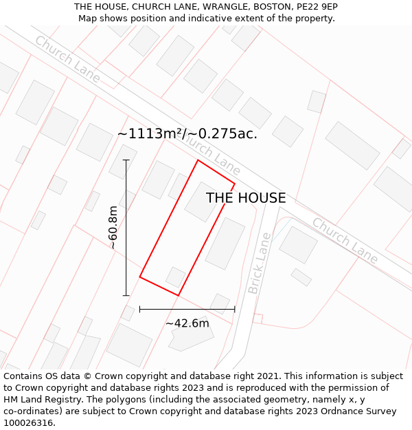 THE HOUSE, CHURCH LANE, WRANGLE, BOSTON, PE22 9EP: Plot and title map