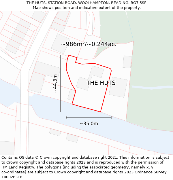 THE HUTS, STATION ROAD, WOOLHAMPTON, READING, RG7 5SF: Plot and title map