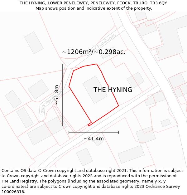 THE HYNING, LOWER PENELEWEY, PENELEWEY, FEOCK, TRURO, TR3 6QY: Plot and title map