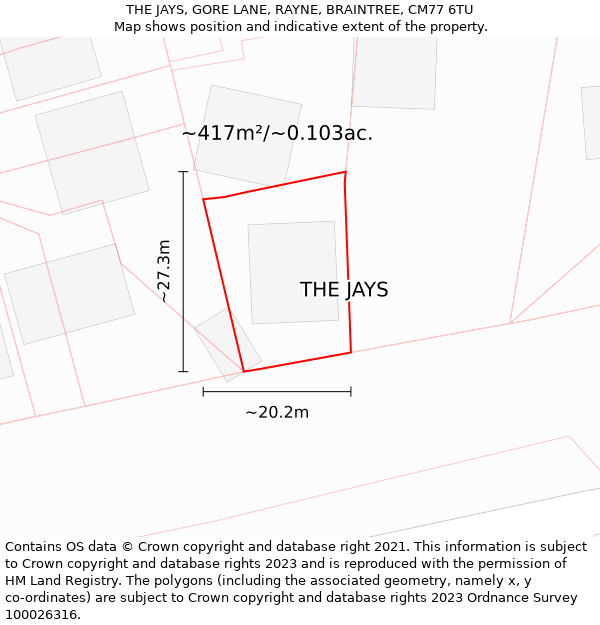 THE JAYS, GORE LANE, RAYNE, BRAINTREE, CM77 6TU: Plot and title map