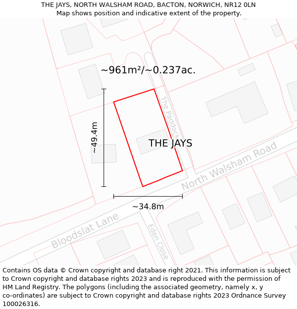 THE JAYS, NORTH WALSHAM ROAD, BACTON, NORWICH, NR12 0LN: Plot and title map