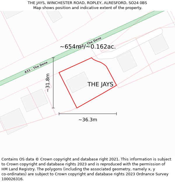 THE JAYS, WINCHESTER ROAD, ROPLEY, ALRESFORD, SO24 0BS: Plot and title map