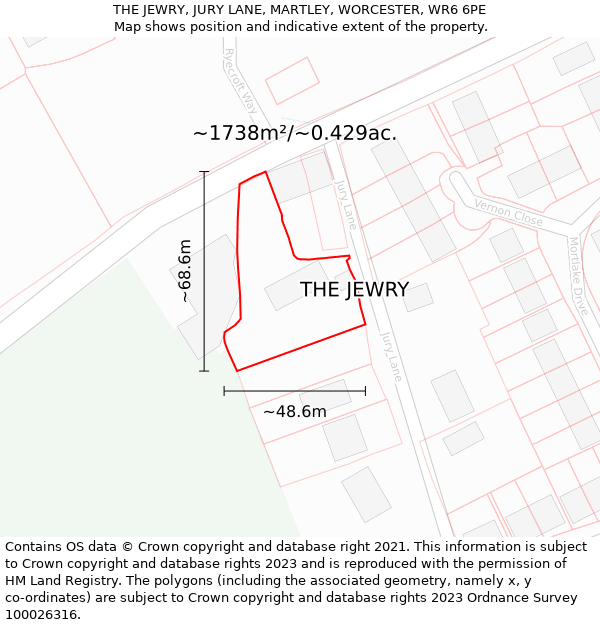 THE JEWRY, JURY LANE, MARTLEY, WORCESTER, WR6 6PE: Plot and title map