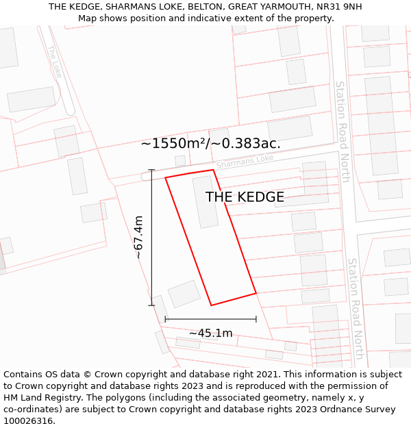 THE KEDGE, SHARMANS LOKE, BELTON, GREAT YARMOUTH, NR31 9NH: Plot and title map