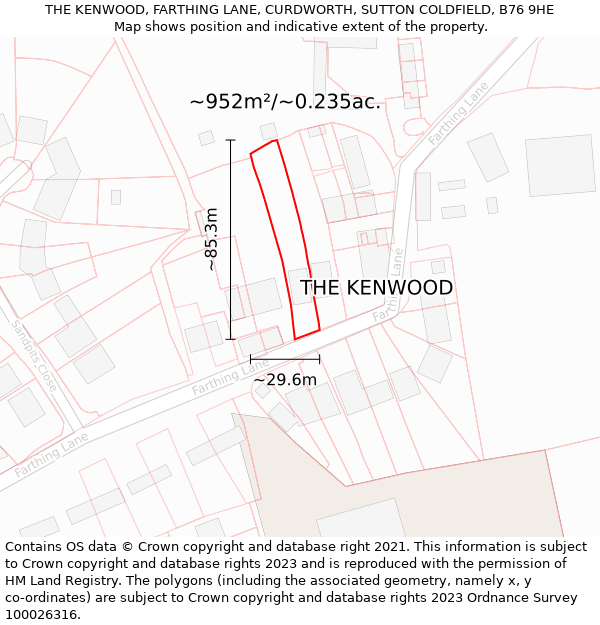 THE KENWOOD, FARTHING LANE, CURDWORTH, SUTTON COLDFIELD, B76 9HE: Plot and title map