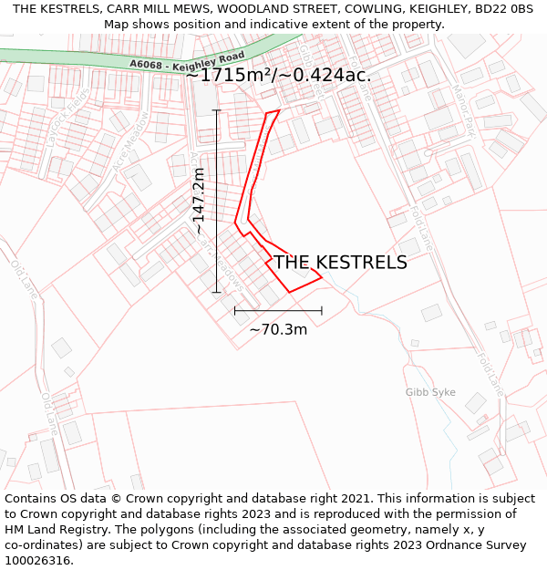 THE KESTRELS, CARR MILL MEWS, WOODLAND STREET, COWLING, KEIGHLEY, BD22 0BS: Plot and title map
