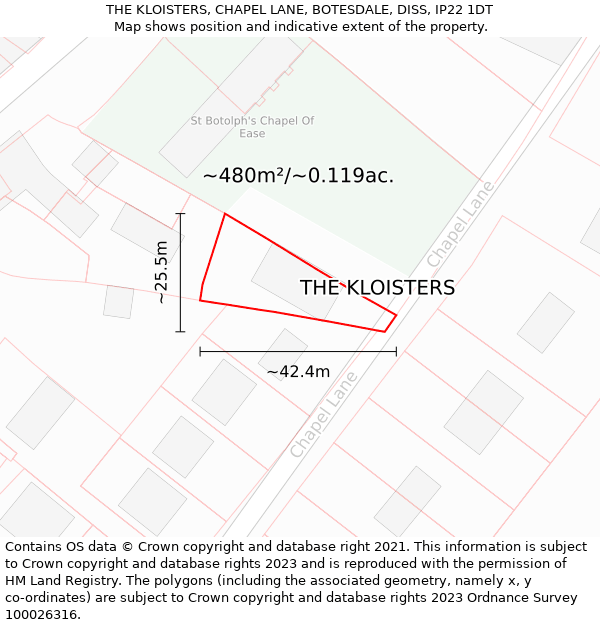 THE KLOISTERS, CHAPEL LANE, BOTESDALE, DISS, IP22 1DT: Plot and title map