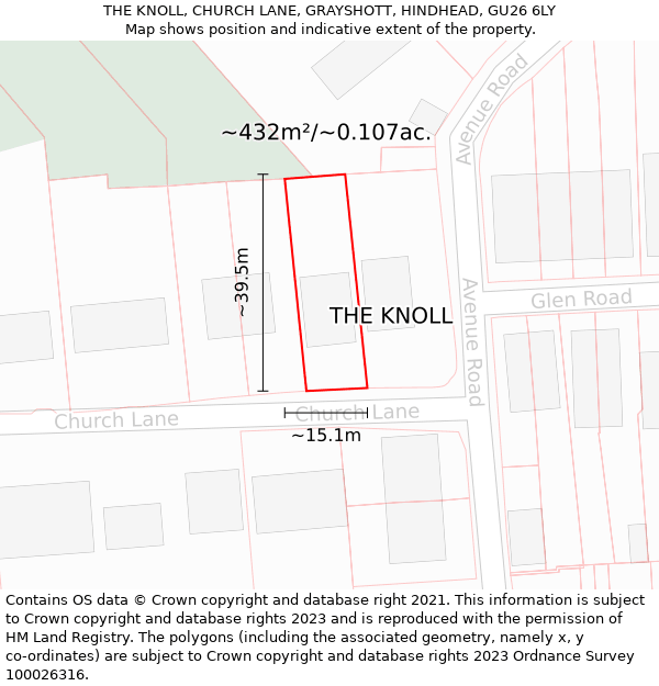 THE KNOLL, CHURCH LANE, GRAYSHOTT, HINDHEAD, GU26 6LY: Plot and title map