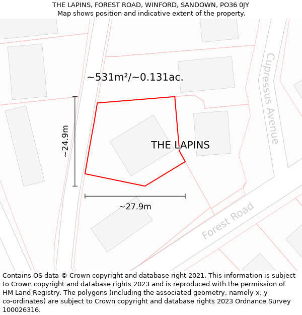 THE LAPINS, FOREST ROAD, WINFORD, SANDOWN, PO36 0JY: Plot and title map