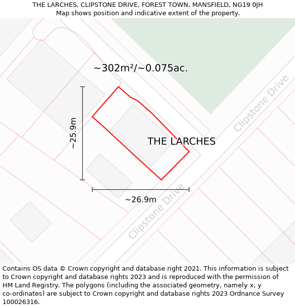 THE LARCHES, CLIPSTONE DRIVE, FOREST TOWN, MANSFIELD, NG19 0JH: Plot and title map