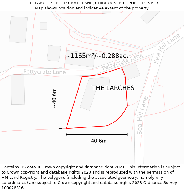 THE LARCHES, PETTYCRATE LANE, CHIDEOCK, BRIDPORT, DT6 6LB: Plot and title map