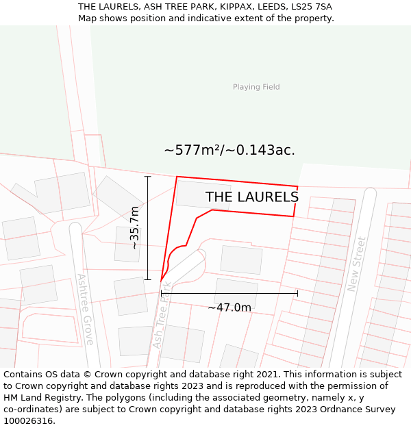 THE LAURELS, ASH TREE PARK, KIPPAX, LEEDS, LS25 7SA: Plot and title map