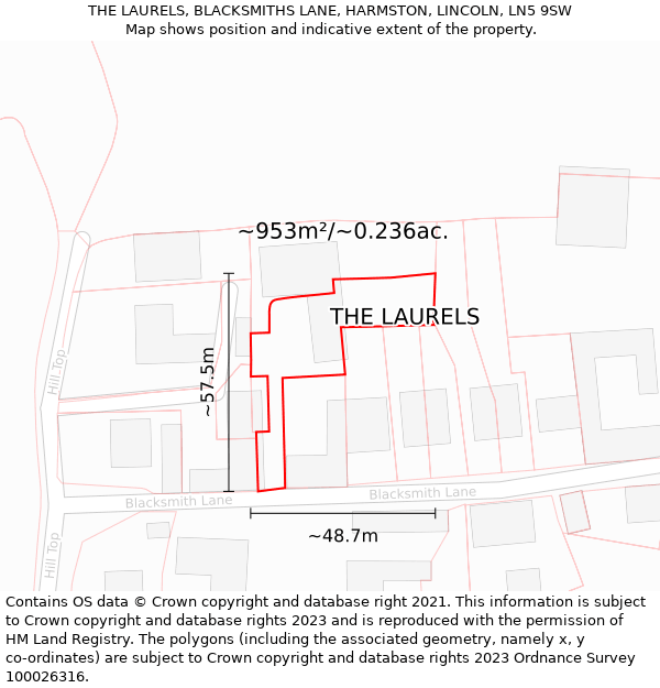 THE LAURELS, BLACKSMITHS LANE, HARMSTON, LINCOLN, LN5 9SW: Plot and title map