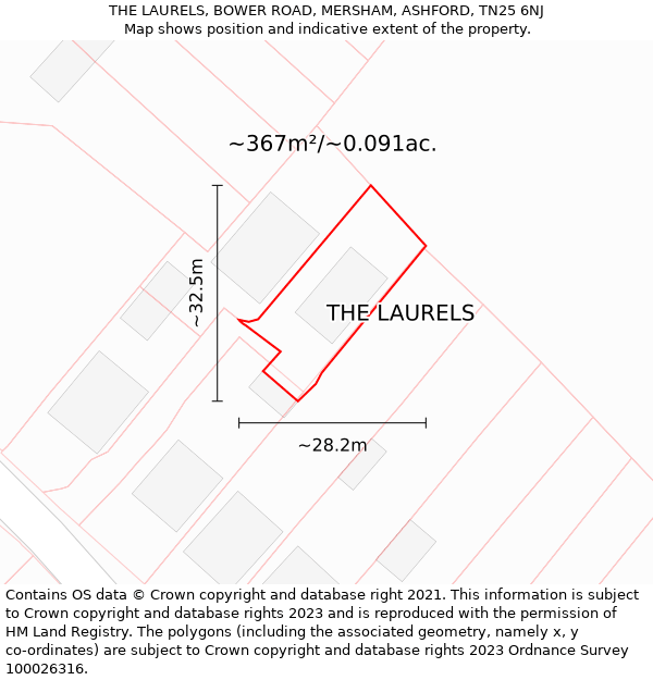 THE LAURELS, BOWER ROAD, MERSHAM, ASHFORD, TN25 6NJ: Plot and title map